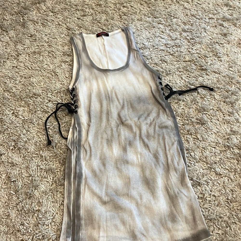 Gray and white ombré tank with black lace up ties on side